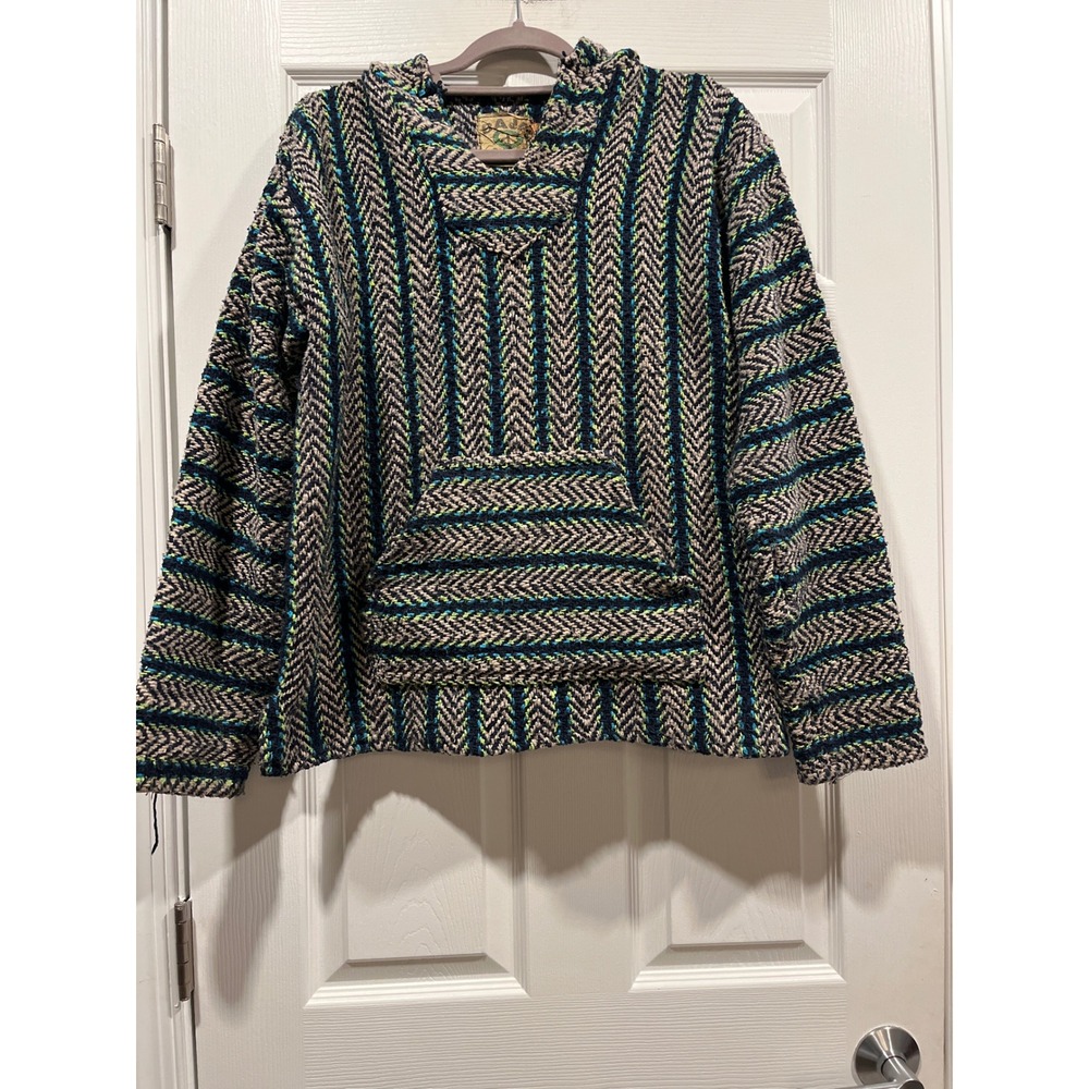 Baja Joe Drug Rug Hoodie Blue Green Striped Woven Pullover Mexican Poncho L